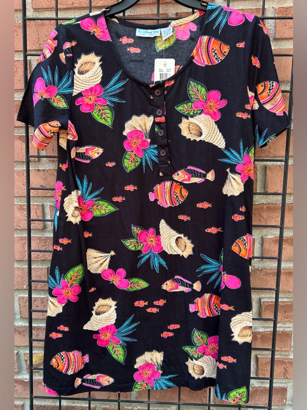 Tropical Seashell & Fish Henley Tee Shift Dress Black, Pink & Orange Accents NWT